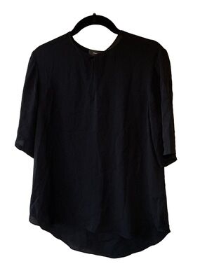 Theory Black 100% Silk Split Front Keyhole Blouse Top P/XS Semi Sheer
